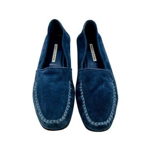 Manolo Blahnik Navy Blue Suede Whipstitch Moccasin Loafers Flats Women 39.5 US 9